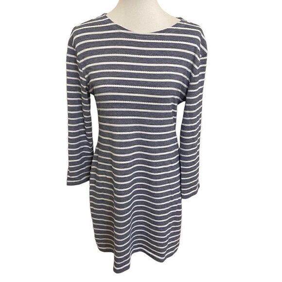Sail to Sable Navy Blue & White Striped Shift Dress Nautical 3/4 Sleeves Medium - Picture 1 of 6